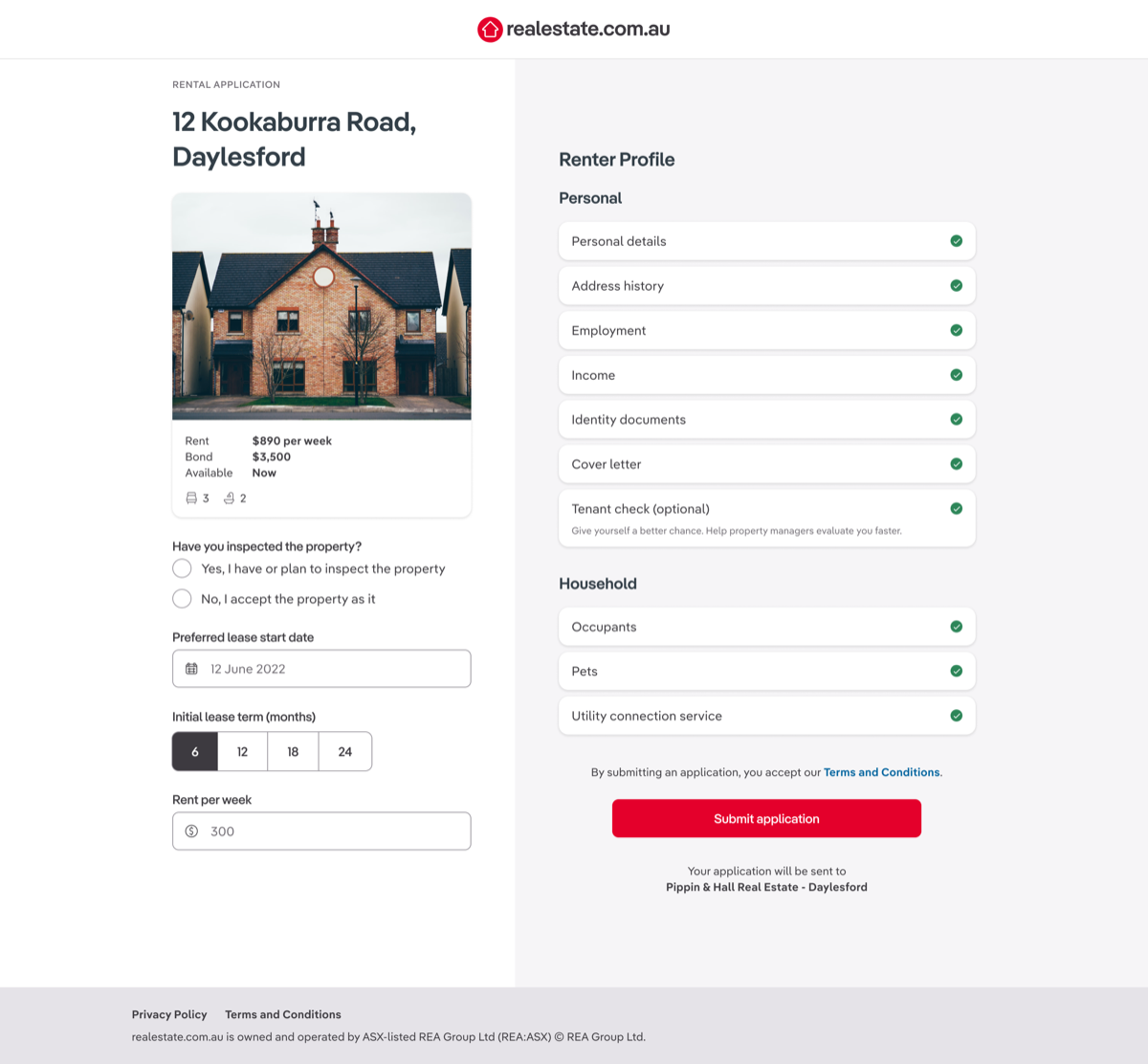 Rental application interface on realestate.com.au